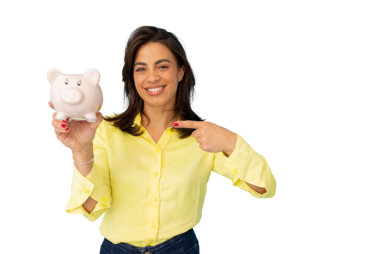Smiling businesswoman holding and pointing at piggy bank, promoting saving money, on transparent background - Powered by Adobe