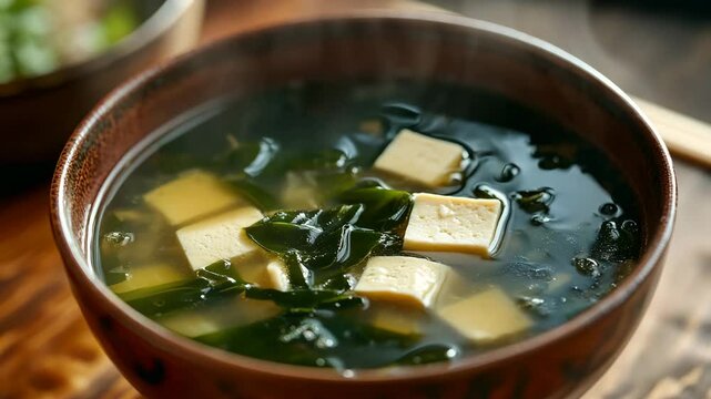 A bowl of warm miso soup with floating pieces of wakame