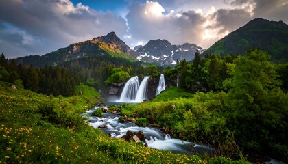Fototapeta premium Majestic Waterfall with Mountain Landscape.