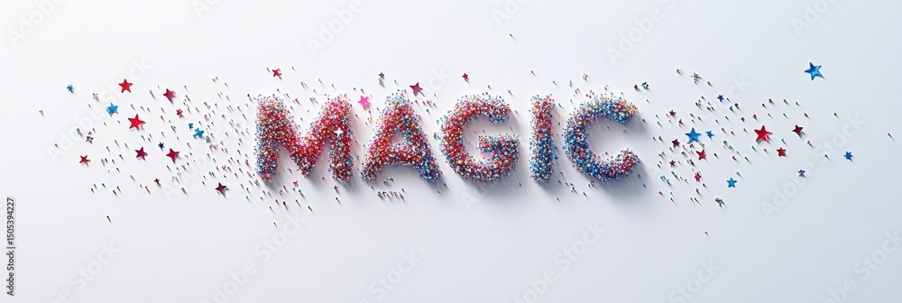 Poster magic text created with colorful glitter, confetti and sparkles on white studio background