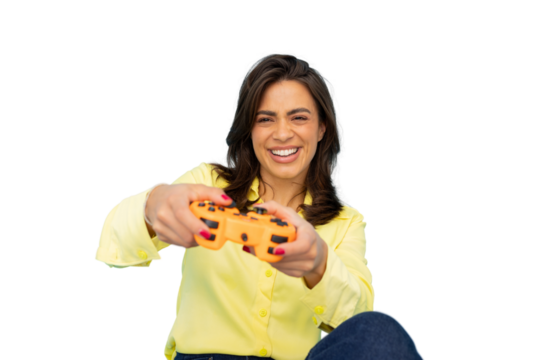 Woman playing video game, smiling widely while gripping gaming controller, experiencing intense digital entertainment