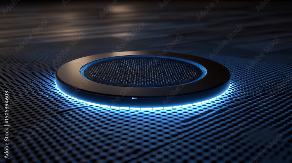 Poster illuminated circular platform with blue light on a perforated dark surface in a futuristic style
