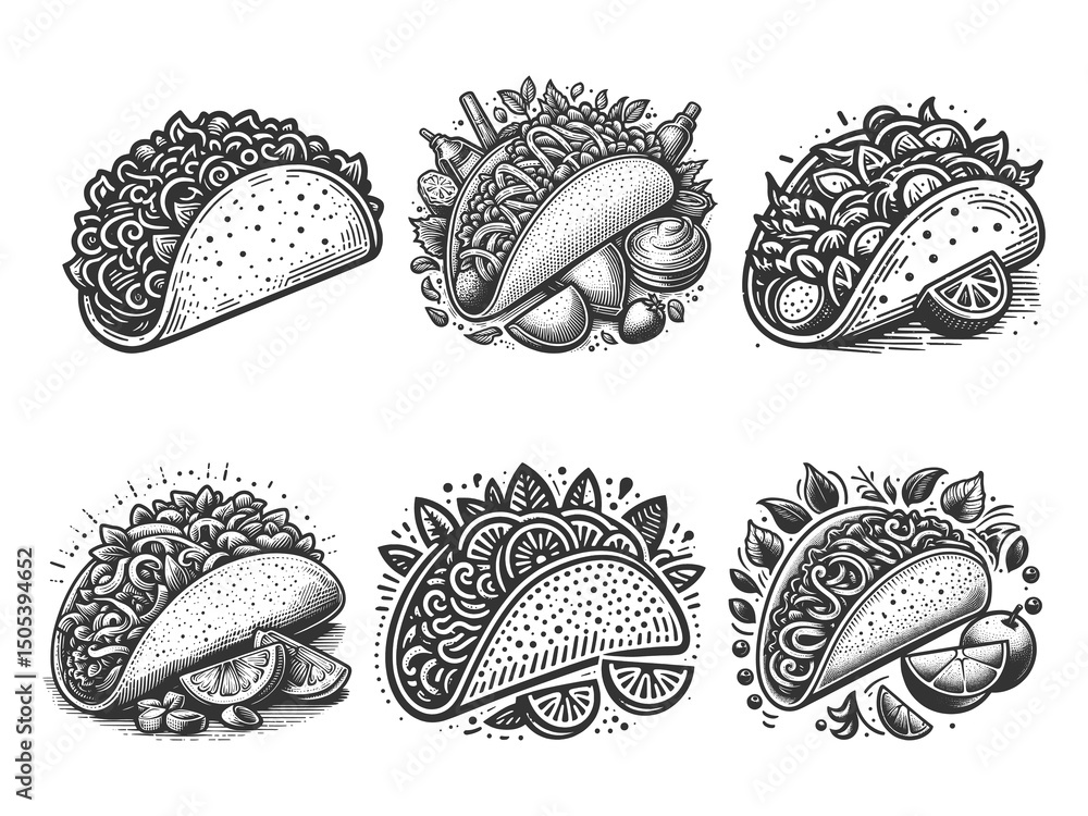 Poster taco set collection bundle sketch engraving generative ai raster illustration. scratch board imitati