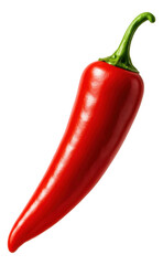 Vibrant red chili pepper with a glossy surface and green stem on transparent background.