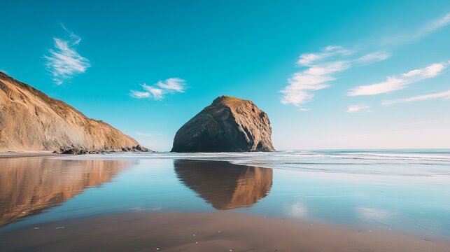 A scenic beach landscape featuring a large rock formation and reflective water under a blue sky