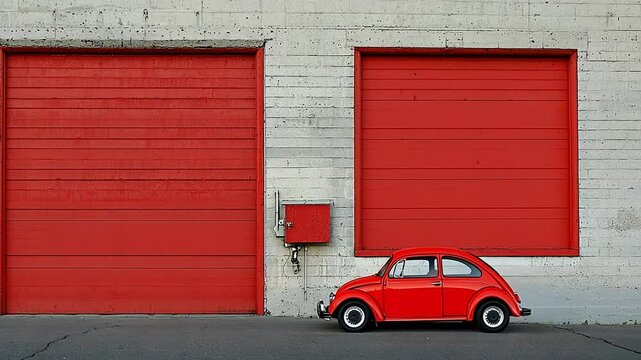 A small red car parked by a grey cinder block wall with matching red garage doors