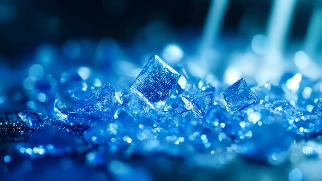 A close-up of ice splinters scattered on a dark surface