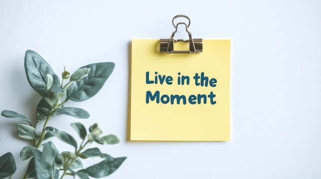 Yellow Sticky Note with Inspirational Quote, Live in the Moment, on White Background with Plant