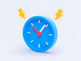 3D Blue Alarm Clock Icon with Red Hands and Yellow Lightning for Time Alert Design Illustration
