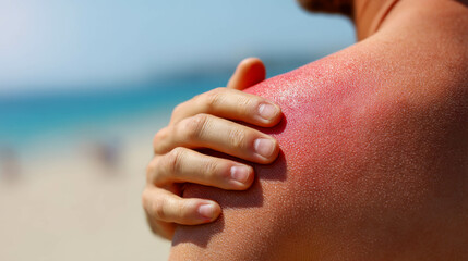 Close-up view of sunburned shoulder with hand gently touching skin, showcasing the impact of hot weather on skin health