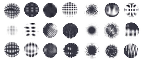 Halftone dotted circle. Abstract half tone dot circles set, round shape raster texture black gradient gradient effect logo design grunge bubble spot isolated vector illustration