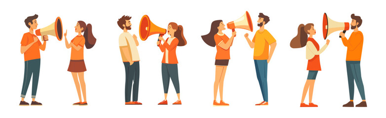 Man and woman with megaphone. Referral friends loyalty program, business marketing cartoon customer characters guy girl consumer announcement product promotion, vector illustration