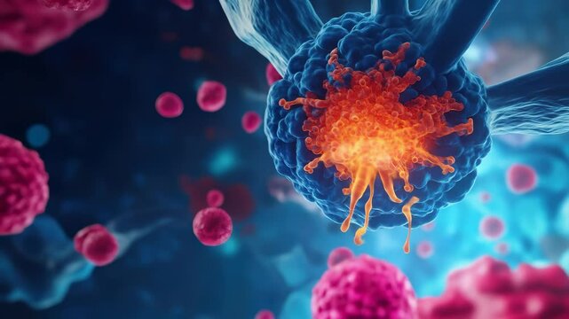 Cancer cell and virus infection attacking healthy cell in microscopic biology view with detailed medical viral particles spreading