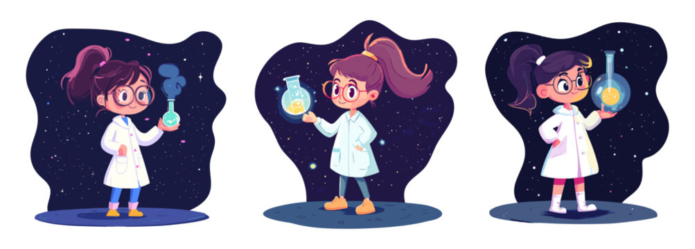 Little pharmacist. Cartoon cute girl white scientific coat hold chemistry flask bottle on abstract space background, child science concept kid scientist set vector illustration