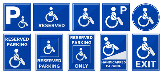 Set of blue disable reserved parking signs
