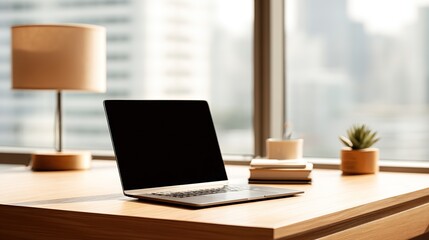 Neat wooden desk with organized paperwork, a minimalist workspace promoting focus and productivity	
