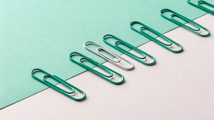 Arrangement of green and silver paper clips, highlighting contrast and creative design.