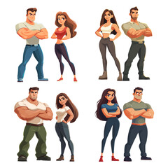 Strong couple. Powerful man and woman with muscle body, sport workout gym trainers comic superhero muscular soldier secret agent cartoon hero characters set vector illustration