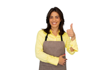 Smiling shopkeeper giving a thumbs up gesture, radiating positivity and confidence, set against a transparent background