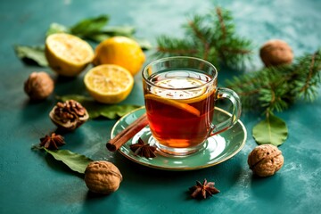 side view of cup of hot toddy with lemon inside and cinnamon on saucer with nuts and walnuts