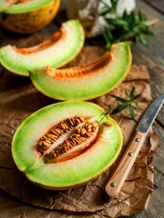 Sliced melon on a brown wooden table, close up