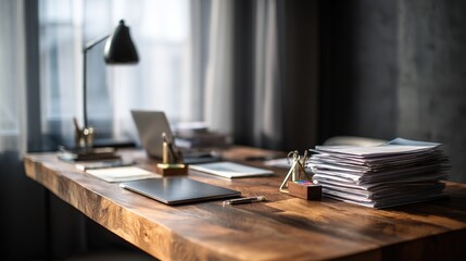 Neat wooden desk with organized paperwork, a minimalist workspace promoting focus and productivity	