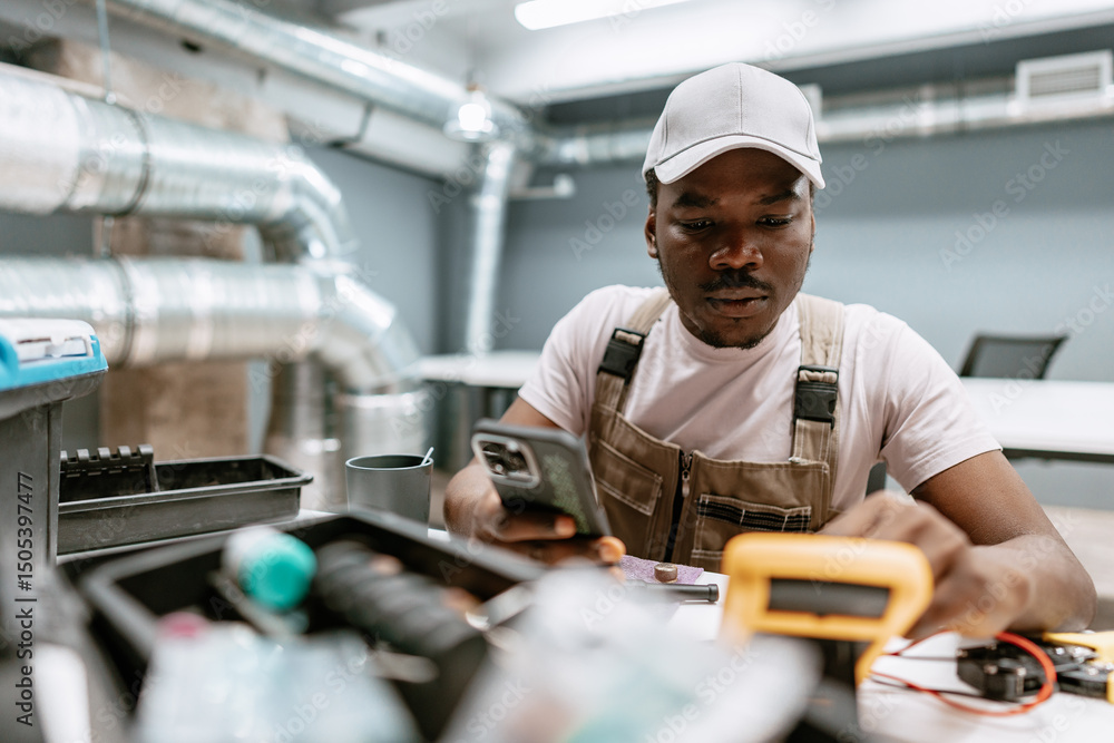 Poster technician conducting electrical tests with tools and smartphone in modern workshop environment