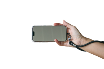 Hand holding phone with a wrist lanyard strap. Isolated on transparent background.