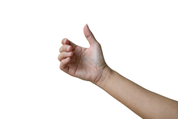 Woman hand holding an invisible phone or object gesture. Isolated on white background.