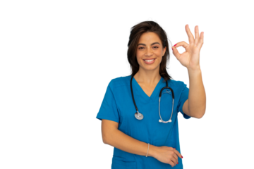 Smiling medical professional showing ok gesture, representing healthcare confidence against transparent backdrop