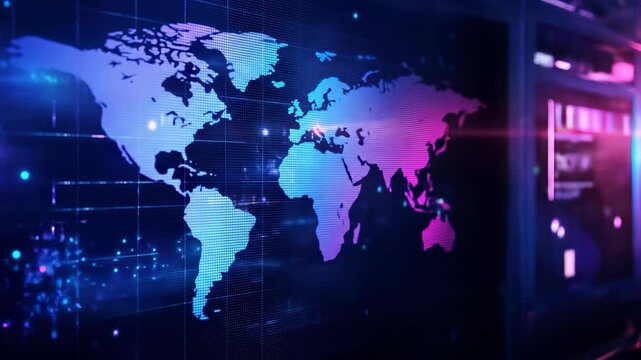 Digital world map with glowing blue lights and neon light, showing global connection and futuristic technology concept