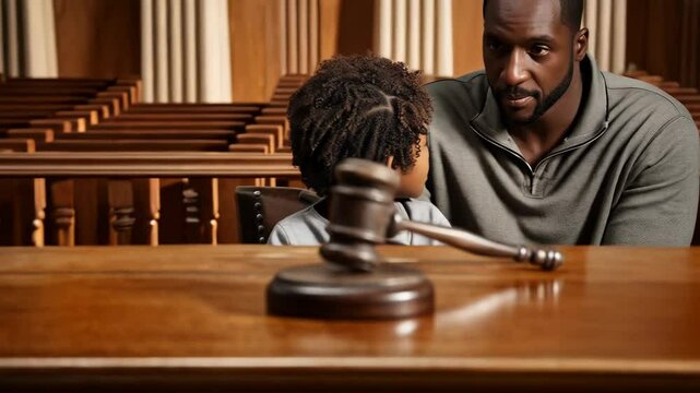 In court, a father figure speaks to his young son about the legal process with a wooden gavel on the table in the courtroom, legal system, family