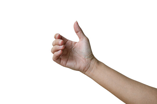 Woman hand holding an invisible phone or object gesture. Isolated on white background.