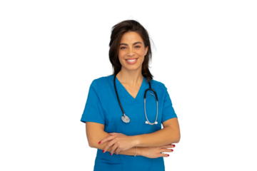 Confident healthcare worker standing with crossed arms, wearing blue scrubs, stethoscope draped, against neutral backdrop