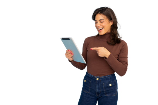 Cheerful woman pointing and laughing while holding digital tablet, expressing technological joy against transparent backdrop