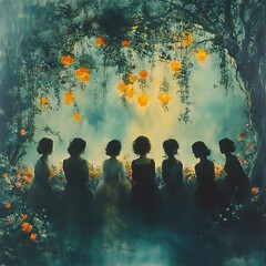 A mystical scene featuring silhouettes of women against a backdrop of flowers and glowing lanterns, evoking a sense of wonder and beauty.