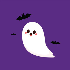 Cute ghost floating with Halloween pumpkin basket for Trick or Treat. Funny spooky boo character. Spook phantom with happy smiling face expression. Isolated kids flat vector illustration.