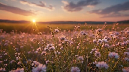 Obraz premium Sunset Meadow Vibrant Wildflowers Golden Hour Landscape