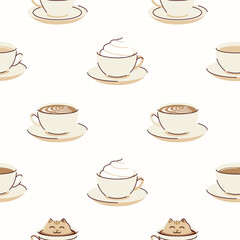 Cute illustrations of coffee in a paper cups, pastel colors, seamless pattern, flat style