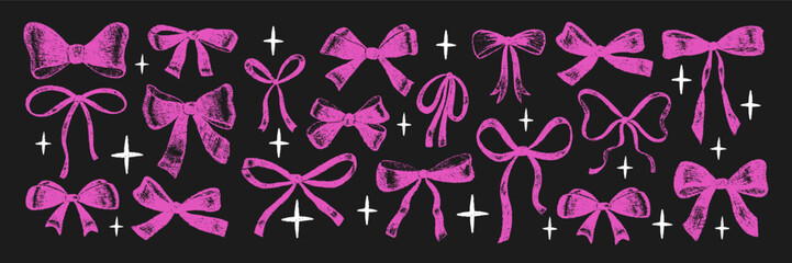 Collection of doodle hand drawn bows with ribbons with crayon, pastel, chalk or pencil texture. Pink vector illustration on a blackboard.