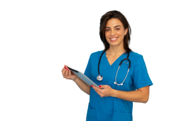 Female medical professional wearing blue scrubs and stethoscope, smiling and holding a digital tablet, isolated on transparent background