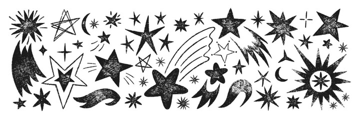Collection of doodle hand drawn stars and glitter with crayon, pastel, chalk or pencil texture. Black vector illustration on a white background.