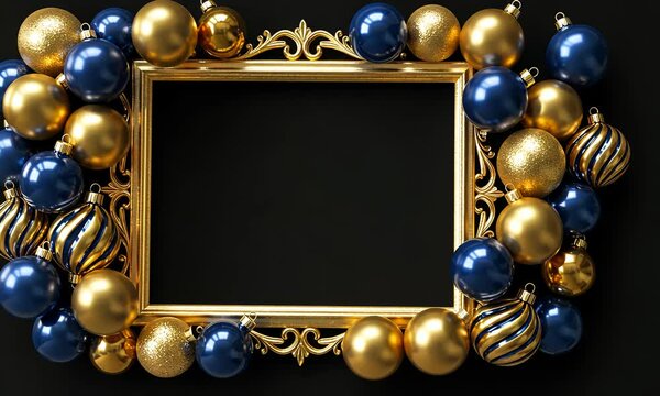 Ornate gold frame surrounded by blue & gold holiday ornaments on black