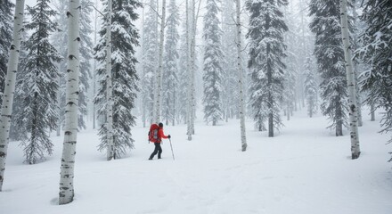 Backcountry explorer trekking through a serene snow-laden birch and fir forest