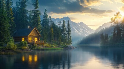 Fototapeta premium Cabin by a serene lake, surrounded by natural forest in an untouched wilderness, creating a peaceful and isolated setting