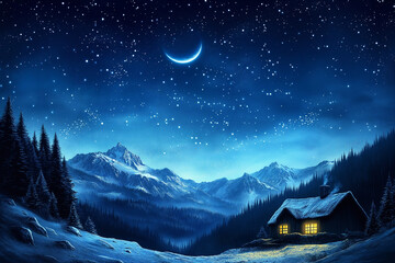 a night sky with stars and a crescent moon, above a small, cozy village house with a light in the window and smoke coming from the chimney, against the backdrop of snow-covered mountains