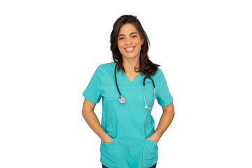 Healthcare worker standing confidently in blue scrubs, stethoscope draped around neck, hands resting in pockets against clean white background