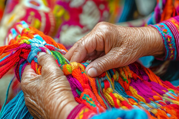 the hands of an elderly indigenous Colombian woman from the Wayuu people, who is weaving something