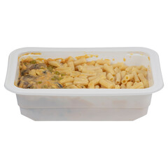 Prepared meal of macaroni with vegetables and mushroom sauce in tray