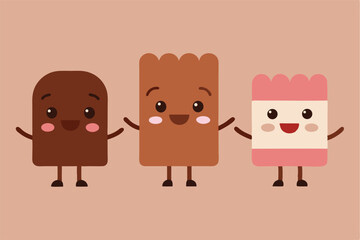 Cute cartoon chocolate and cake friends holding hands